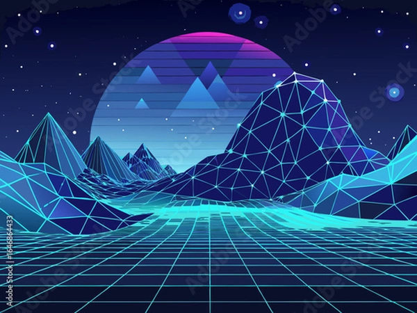 Fototapeta Retro 80s or 90s style landscape with mountains, moon and stars. Vector illustration