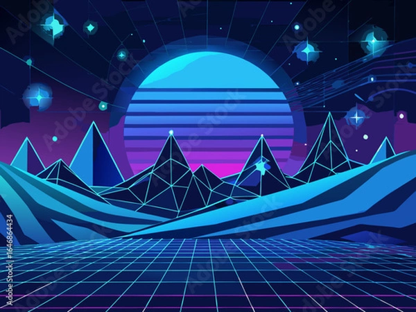 Fototapeta Retro 80s or 90s style landscape with mountains, moon and stars. Vector illustration