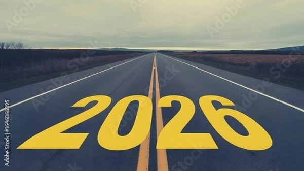 Fototapeta A road stretches into the distance with the year twenty twenty six painted in yellow on the asphalt