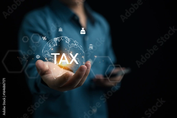 Fototapeta Businesma using Ai complete Individual income tax return form online for tax payment. Tax deduction planning concept.