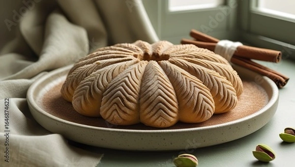 Fototapeta Close-up of freshly baked Mexican concha sweet bread with shell-pattern sugar crust on matte ceramic plate, cinnamon sticks and pistachios on neutral linen, soft window light, warm beige and sage tone