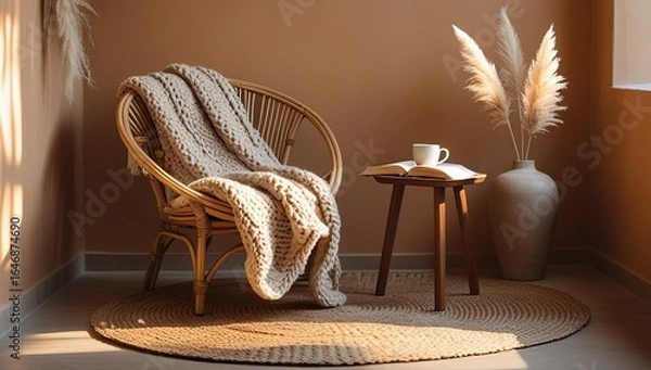 Fototapeta Cozy boho coffee corner with rattan chair, chunky knit throw, wooden side table with ceramic mug, open book, pampas grass in tall vase, jute rug, warm golden sunlight, earthy beige terracotta tones