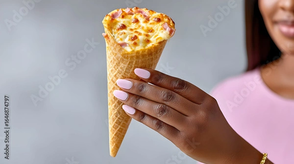 Obraz Savory pizza cone delight held by woman with perfectly manicured pink nails, a unique gourmet snack experience.