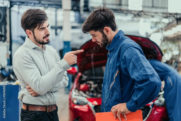 Fototapeta Angry customer pointing at car mechanic in busy workshop about repair problem and warranty claim, highlighting service dispute, complaint handling, and automotive repair conflict situation.