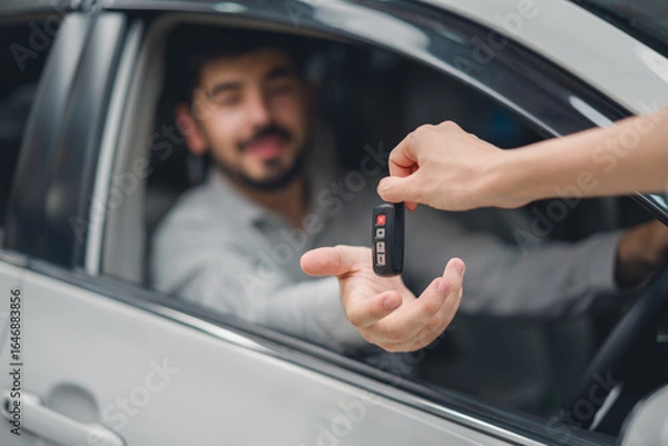 Fototapeta Car dealer giving key to new owner inside showroom, representing successful purchase, trusted service, and joy in automotive sales, finance, and insurance business transactions.