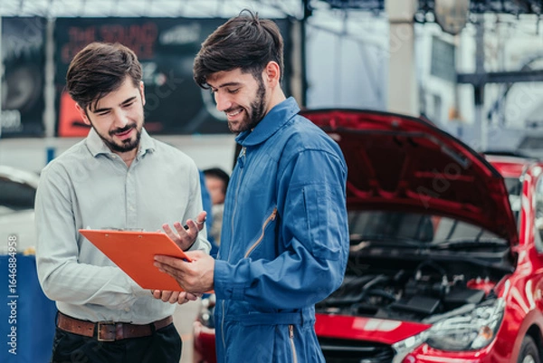 Fototapeta Happy car owner discussing repair and maintenance with mechanic beside red car, representing trust, quality service, and positive customer experience in automotive workshop.