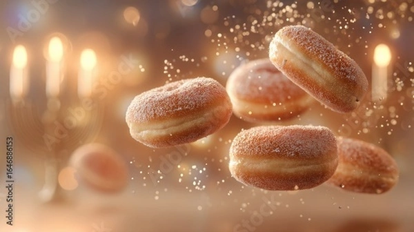 Fototapeta Close-up of Hanukkah donuts sufganiyot levitating in mid-air. A festive background with a menorah and glowing candles creates a warm, magical atmosphere, for Hanukkah celebration.