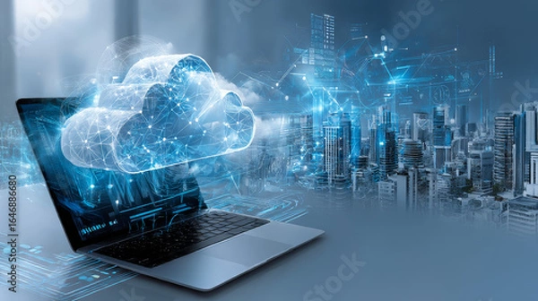 Fototapeta Cloud Computing. Businessman hold cloud computing network connecting icon to represent solutions for businesses, facilitating data management, scalability, flexibility, and cost-effective solutions.