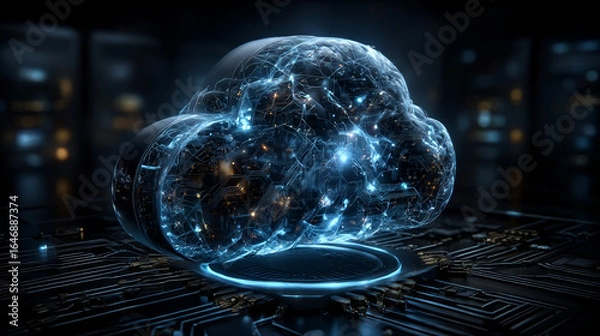 Fototapeta Cloud Computing. Businessman hold cloud computing network connecting icon to represent solutions for businesses, facilitating data management, scalability, flexibility, and cost-effective solutions.