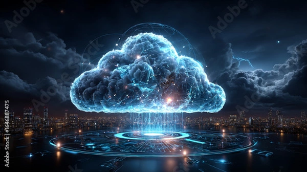 Fototapeta Cloud Computing. Businessman hold cloud computing network connecting icon to represent solutions for businesses, facilitating data management, scalability, flexibility, and cost-effective solutions.