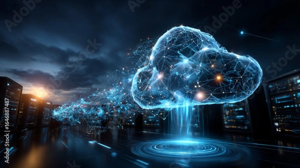 Fototapeta Cloud Computing. Businessman hold cloud computing network connecting icon to represent solutions for businesses, facilitating data management, scalability, flexibility, and cost-effective solutions.