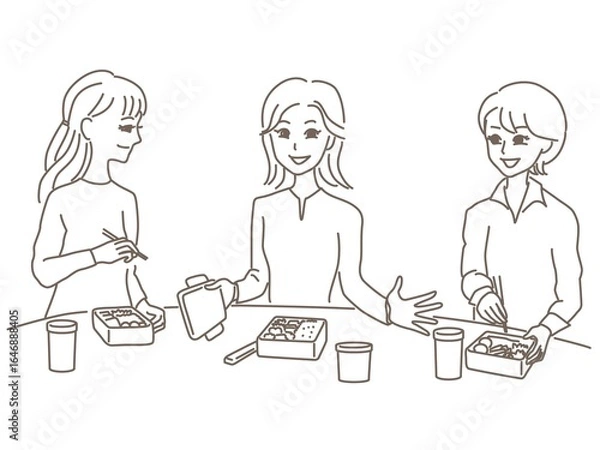 Obraz 職場の昼休みに女性社員がお弁当タイムを楽しんでいる線画イラスト