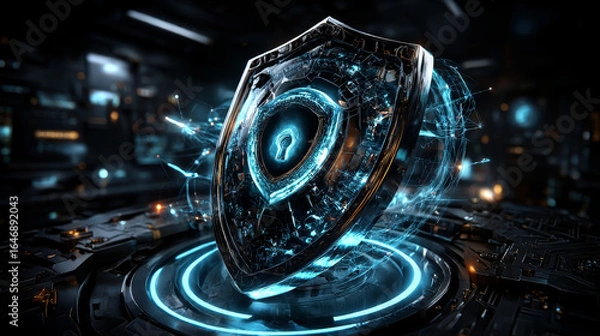 Fototapeta Businessman hand touches a shield, cybersecurity protects sensitive information, prevents unauthorized access, ensures data integrity, and maintains system reliability.