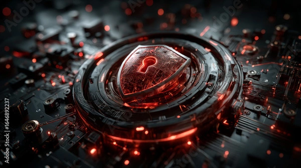 Fototapeta Businessman hand touches a shield, cybersecurity protects sensitive information, prevents unauthorized access, ensures data integrity, and maintains system reliability.