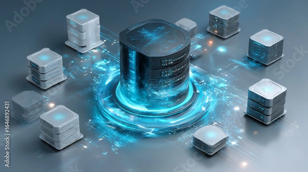 Fototapeta Database management. Businessman touch a circuit board database management optimizes global network performance by ensuring data integrity and security, facilitating efficient data access and storage