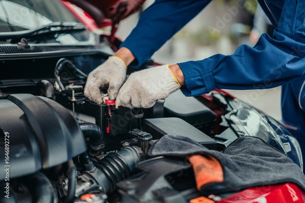 Fototapeta Mechanic inspecting and tightening battery terminal in workshop, representing professional service, quality check, and safety in automotive maintenance industry.