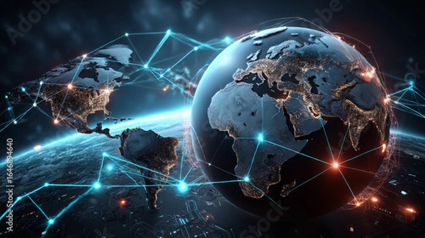 Fototapeta Hand holding a globe with network connecting data. Symbolic of digital technology, knowledge management systems facilitate the organization, sharing, and analysis of information.
