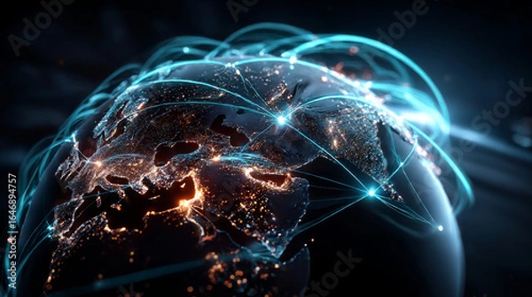 Fototapeta Hand holding a globe with network connecting data. Symbolic of digital technology, knowledge management systems facilitate the organization, sharing, and analysis of information.