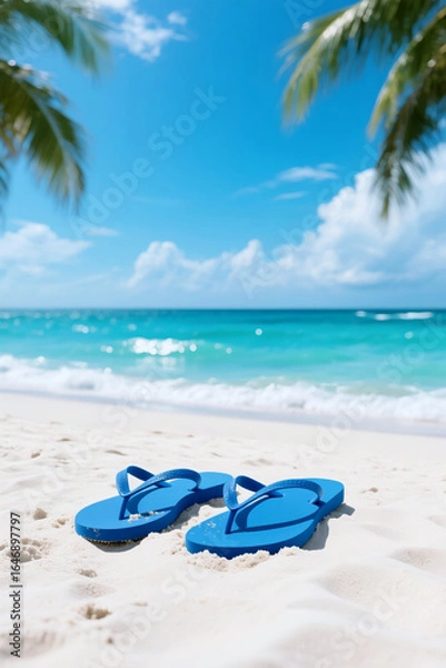 Fototapeta Tropical Escape: Blue Flip-Flops on a Sunny Beach