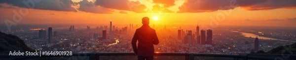 Obraz Confident leader standing at the helm, overlooking a vast cityscape at sunset A powerful image symbolizing vision, success, and strategic thinking in business and beyond , inspiration, cityscape