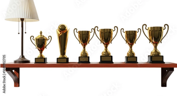 Fototapeta Photo of collection of golden trophies displayed on a shelf isolated on transparent background