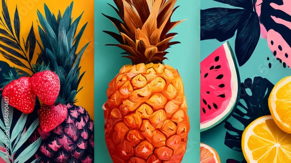 Fototapeta Stylish summer poster pineapple set in flat style. Bright fruit compositions. Set of flyers, posters, banners, placards, brochure design. Hello Summer, backgrounds with slices of fruits.  Vector