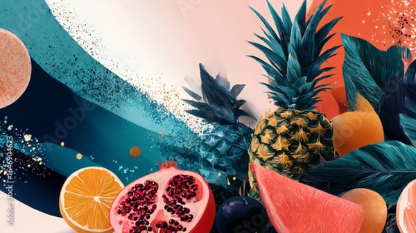 Fototapeta Stylish summer poster pineapple set in flat style. Bright fruit compositions. Set of flyers, posters, banners, placards, brochure design. Hello Summer, backgrounds with slices of fruits.  Vector