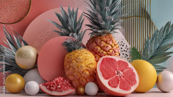 Fototapeta Stylish summer poster pineapple set in flat style. Bright fruit compositions. Set of flyers, posters, banners, placards, brochure design. Hello Summer, backgrounds with slices of fruits.  Vector