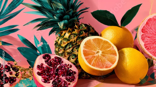 Fototapeta Stylish summer poster pineapple set in flat style. Bright fruit compositions. Set of flyers, posters, banners, placards, brochure design. Hello Summer, backgrounds with slices of fruits.  Vector