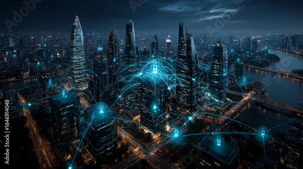 Fototapeta Businessmen's connections are protected through smart infrastructure, security measures, encrypted networks, and advanced surveillance, ensuring seamless communication and data safety in smart cities.