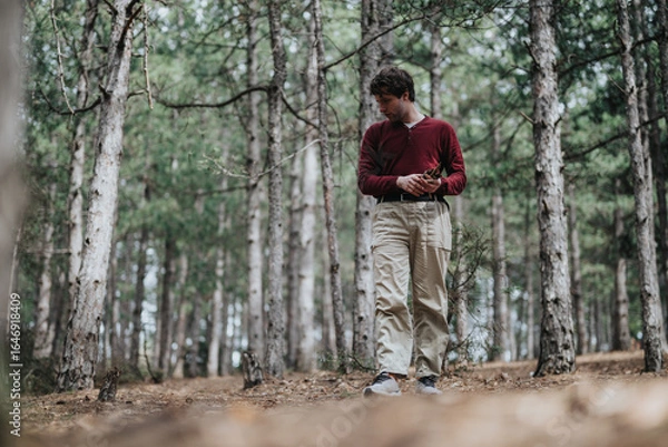 Fototapeta A man standing among lush green trees in a serene forest setting, embracing nature.