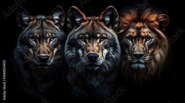 Fototapeta Three majestic animals, two wolves and a lion, gaze intently. Dark background enhances their features