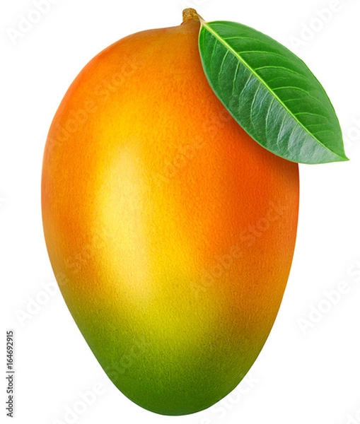Fototapeta Juicy fresh mango with leaf isolated on a white background. Ripe tropical fruit with antioxidant effect.