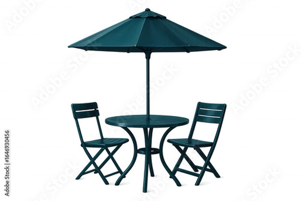 Obraz Round bistro table with two chairs and a parasol, creating a cozy outdoor dining setting, isolated on a transparent background