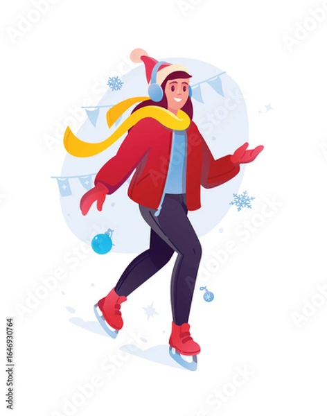 Fototapeta Illustration of a girl in a New Year's hat on skates. Vector. A girl is skating on ice in the New Year. A mascot and a character for design projects. Festive New Year's atmosphere.