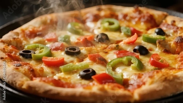 Obraz Freshly baked pizza with melted cheese and vibrant toppings, a delicious feast for the senses
