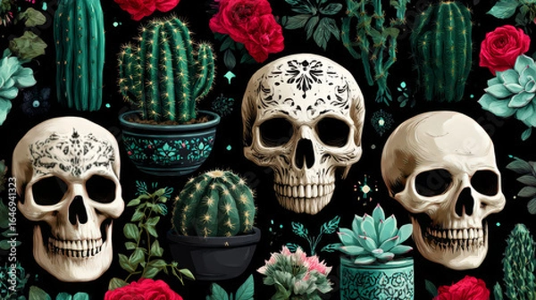 Fototapeta Seamless Pattern with  cactus and skull. Cinco de Mayo pattern repeating background. Vector illustration on a dark background.