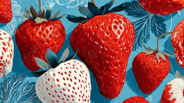 Fototapeta Seamless pattern of modern strawberries. Big white, red round strawberries on blue. Large bright berries. Berry pattern design for textile, web banner, cards. Fresh summer fruits. Red berries and frui