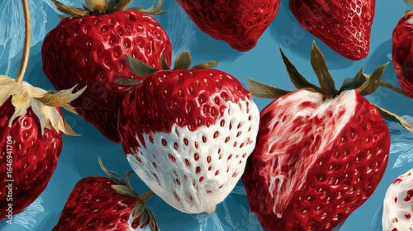 Fototapeta Seamless pattern of modern strawberries. Big white, red round strawberries on blue. Large bright berries. Berry pattern design for textile, web banner, cards. Fresh summer fruits. Red berries and frui
