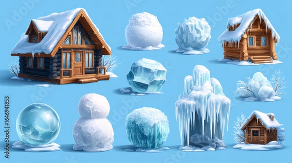 Fototapeta Snow caps, snowballs and frozen icicles of house roof, icons isolated on blue background. Winter snow caps and frost icicles for Christmas and New Year design.
