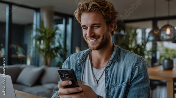 Fototapeta Businessman holding property management software solutions, optimizing operations to enhance tenant satisfaction and maximize revenue. Communication between landlords and tenants, timely maintenance.