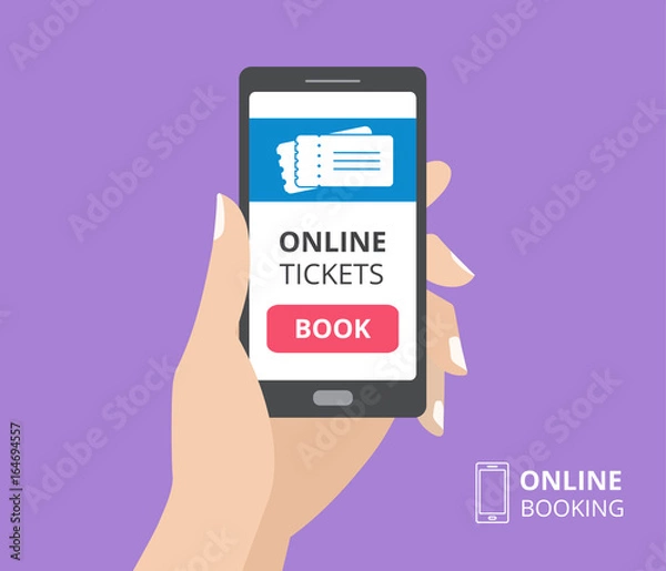 Fototapeta Hand holding smartphone with book button on screen. Concept of online tickets mobile application