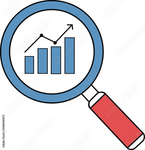 Obraz Magnifying glass focusing on an upward trending bar graph, symbolizing analysis, growth, and investigation.