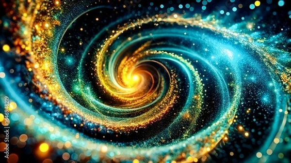 Fototapeta Cosmic Nebula Swirls with Golden and Turquoise Light Particles Floating Abstractly