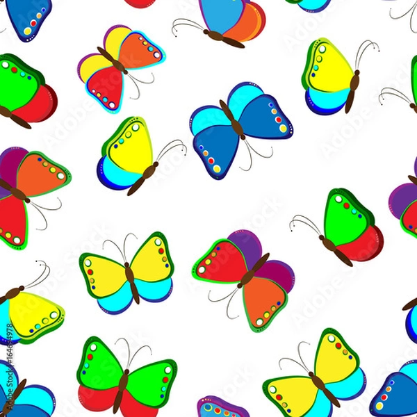Fototapeta Seamless pattern of butterflies. Colourful child's drawing of butterflies. Vector illustration