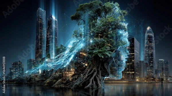 Fototapeta Businessman touching interface and smart cities, innovative technology solutions, sustainable urban development, intelligent infrastructure integration, data-driven decision making concept.