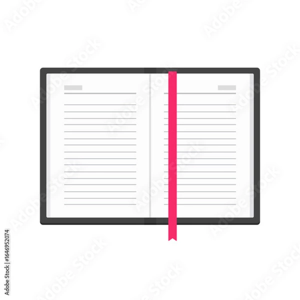 Obraz Opened notebook with empty lined pages, bookmark and black cover. Vector illustration isolated on white background