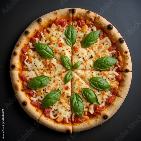 Obraz Whole Margherita Pizza with Fresh Basil Leaves and Melted Cheese on Black Background