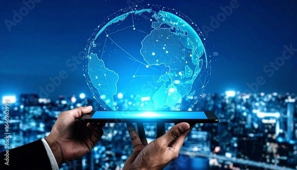 Obraz Futuristic Holographic Globe Interface with Human Hands in Digital Cityscape