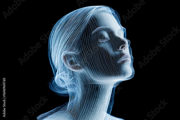 Obraz Ethereal long-exposure portrait of a human silhouette surrounded by flowing luminous trails, glowing aura, and mystical light beams